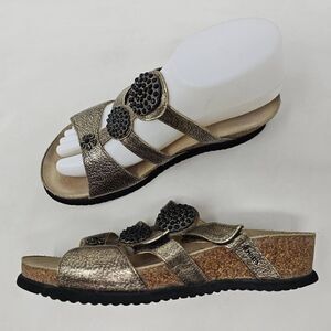 MEPHISTO STRAPPY SANDALS GOLD LEATHER BLACK CHARM WEDGE HEELS 37 US SIZE 7
